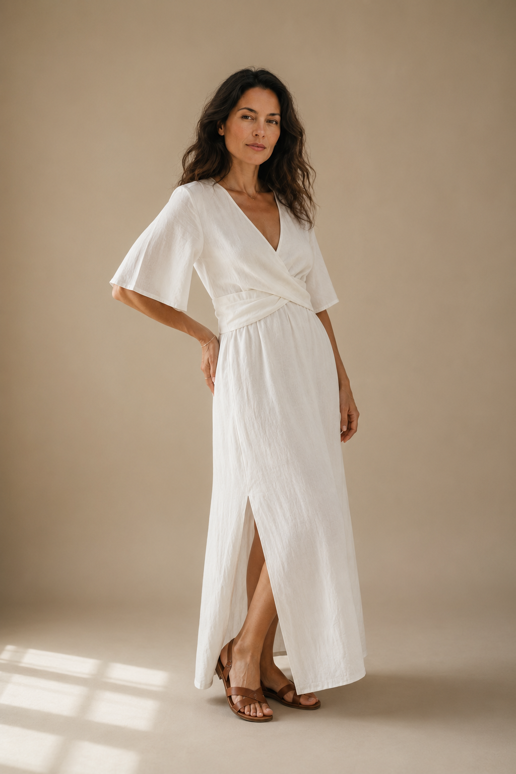 White linen wrap maxi dress, three-quarter view, flutter sleeve and drape