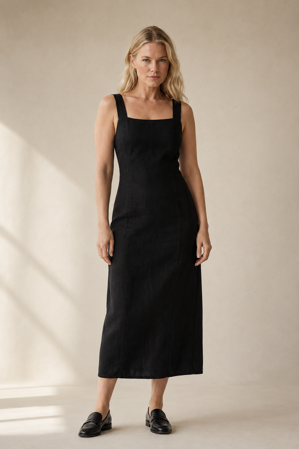 Black linen column midi dress, full front view, simple front with a graceful drape