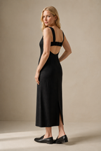 Black linen column midi dress, three-quarter view, column shape and fluid linen drape