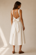 Ivory cotton a-line midi dress, back view, low back, delicate ties, and full bow