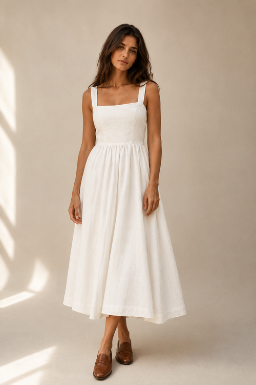 Ivory cotton a-line midi dress, full front view, fitted bodice and full A-line skirt
