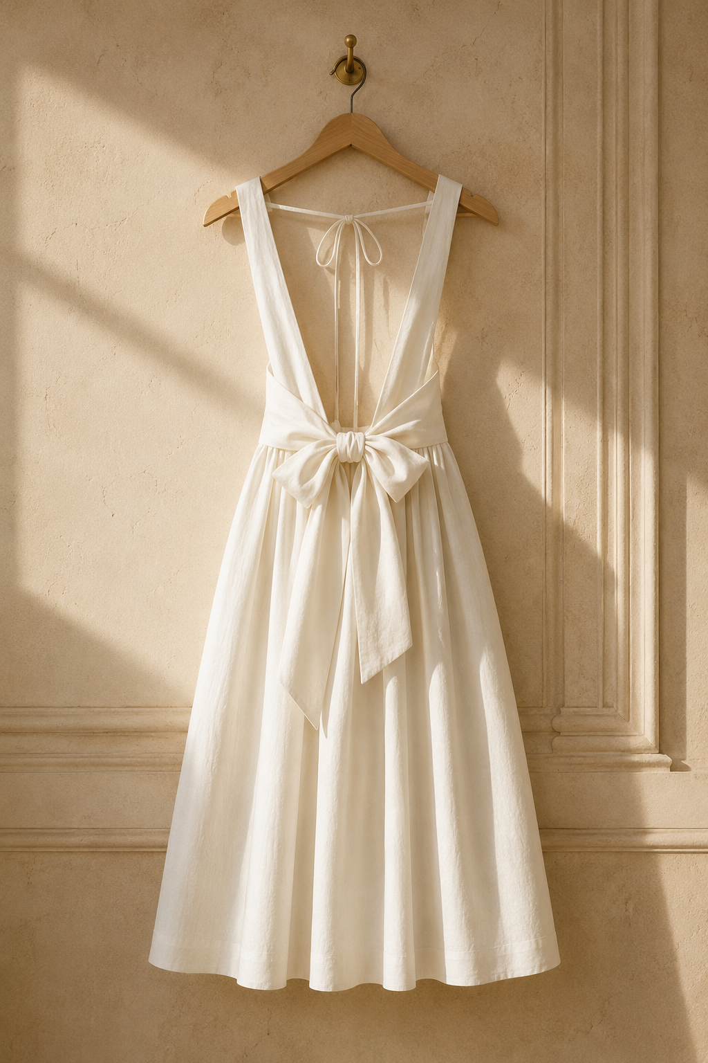 Ivory cotton a-line midi dress, hanging on wooden hanger against plaster wall