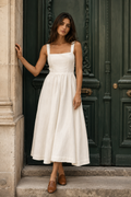 Ivory cotton a-line midi dress, front view, wide straps and straight neckline