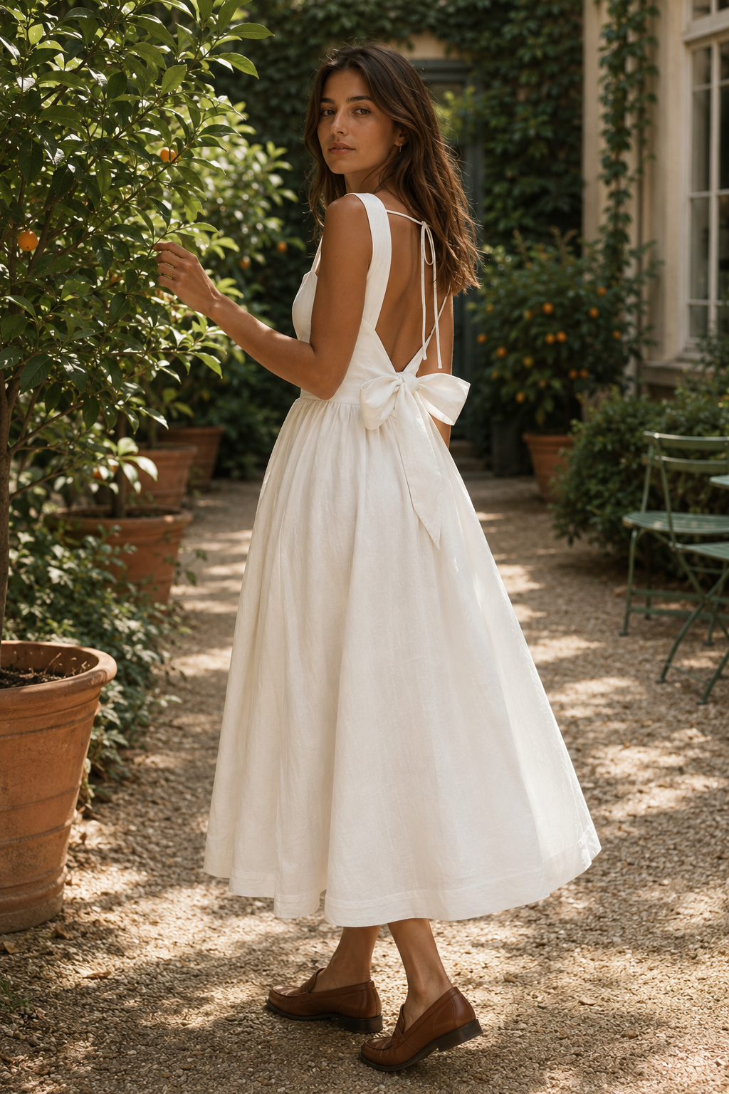 Ivory cotton a-line midi dress, lifestyle, daydreaming by a sunlit window
