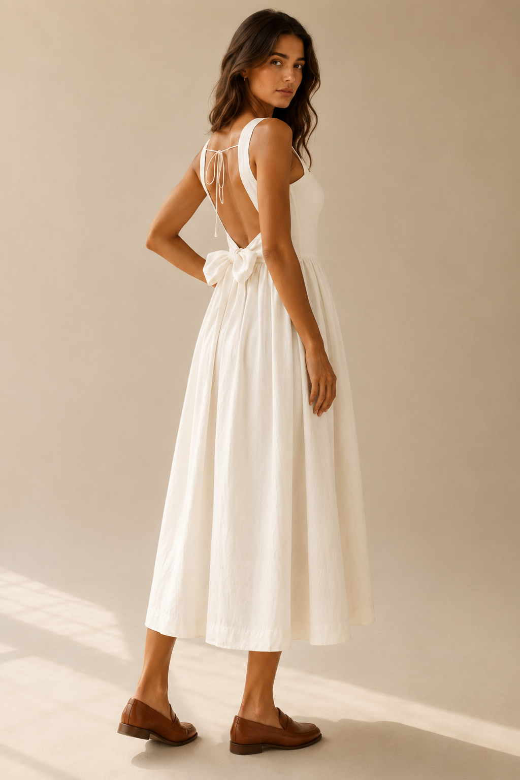 Ivory cotton a-line midi dress, three-quarter view, back bow and flowing midi skirt