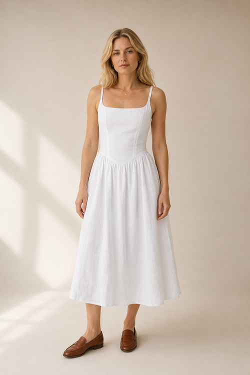 White linen a-line midi dress, full front view, fitted bodice and gathered midi skirt
