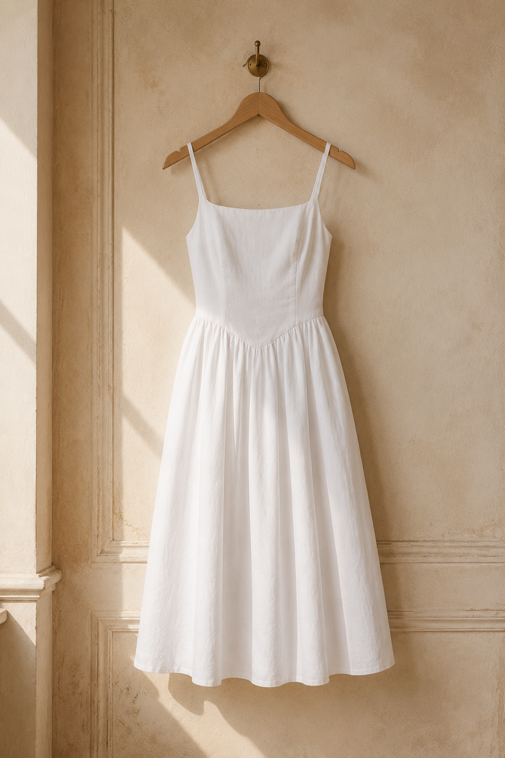 White linen a-line midi dress, hanging on wooden hanger against plaster wall