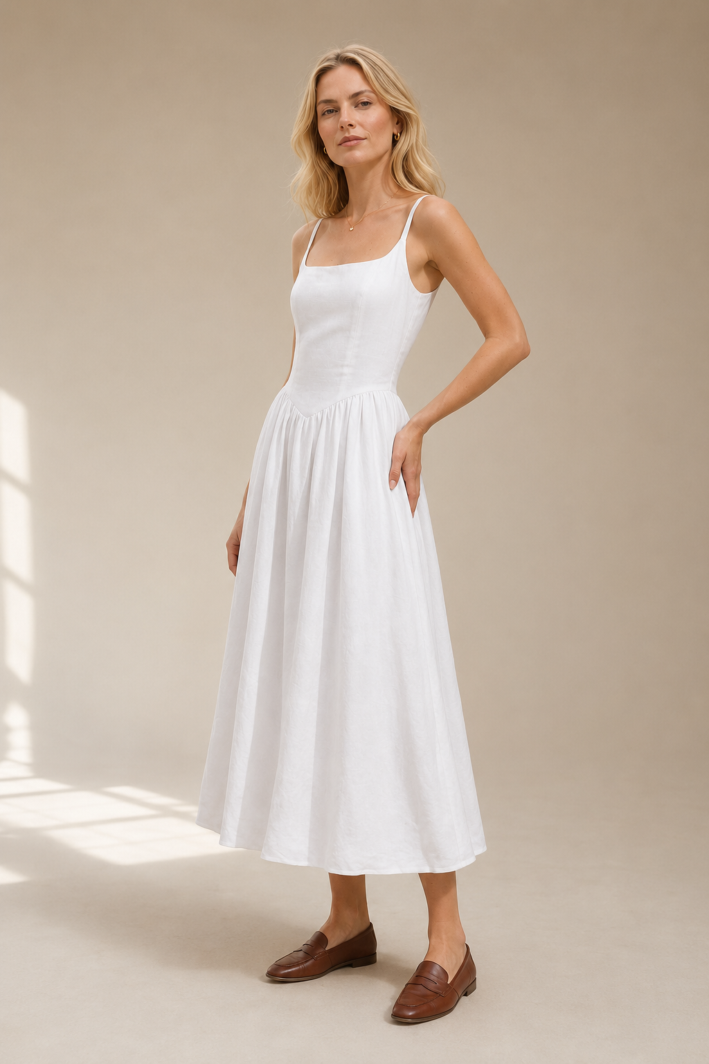 White linen a-line midi dress, three-quarter view, relaxed skirt drape and midi length