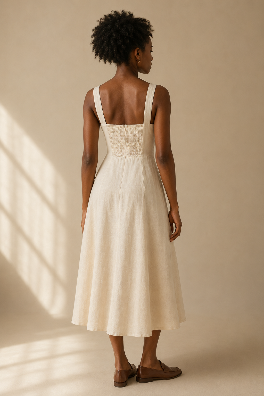 Ivory linen a-line midi dress, back view, fitted bodice and skirt release at back