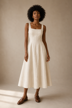 Ivory linen a-line midi dress, full front view, full A-line skirt and square neckline