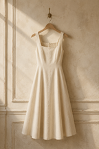 Ivory linen a-line midi dress, hanging on wooden hanger against plaster wall