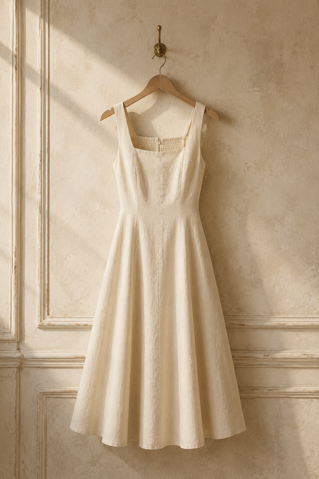 Ivory linen a-line midi dress, hanging on wooden hanger against plaster wall
