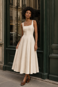 Ivory linen a-line midi dress, front view, square neckline and fitted bodice