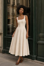 Ivory linen a-line midi dress, front view, square neckline and fitted bodice