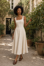 Ivory linen a-line midi dress, lifestyle, warm light and relaxed setting