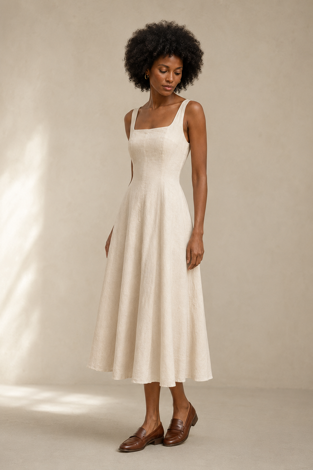 Ivory linen a-line midi dress, three-quarter view, flared midi skirt and natural drape