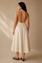 Ivory linen a-line midi dress, back view, open back with halter ties