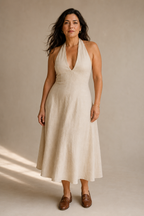 Ivory linen a-line midi dress, full front view, deep V-neck and flowing skirt