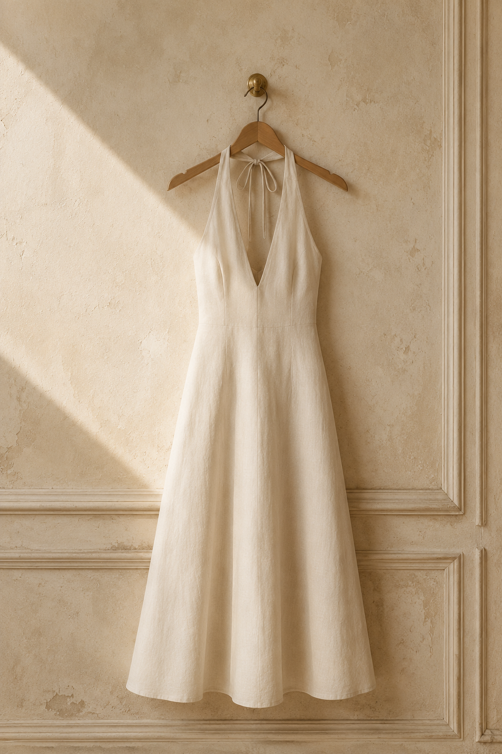 Ivory linen a-line midi dress, hanging on wooden hanger against plaster wall