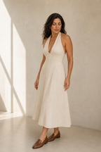 Ivory linen a-line midi dress, three-quarter view, natural linen drape and silhouette