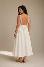 Ivory linen a-line midi dress, back view, deep open back and tie shoulder straps