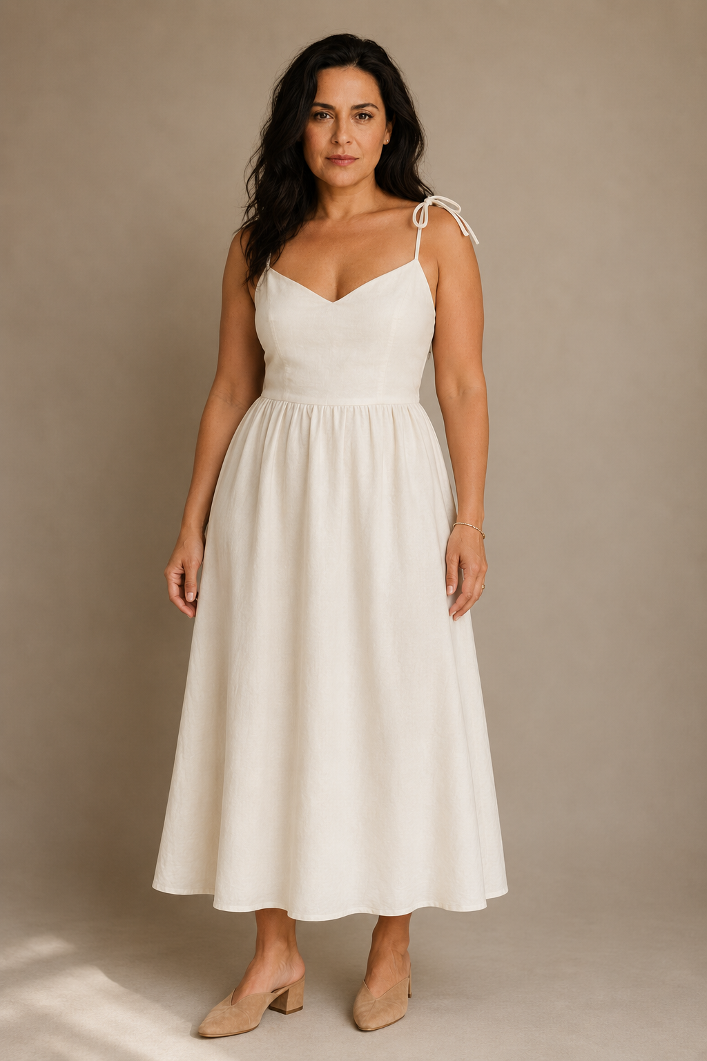 Ivory linen a-line midi dress, full front view, a-line skirt and straight neckline