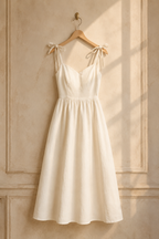 Ivory linen a-line midi dress, hanging on wooden hanger against plaster wall