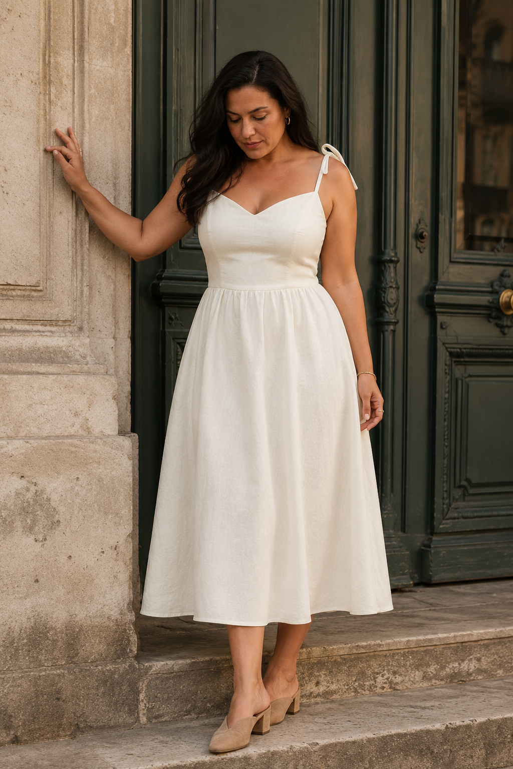 Ivory linen a-line midi dress, front view, tie shoulder straps and relaxed silhouette
