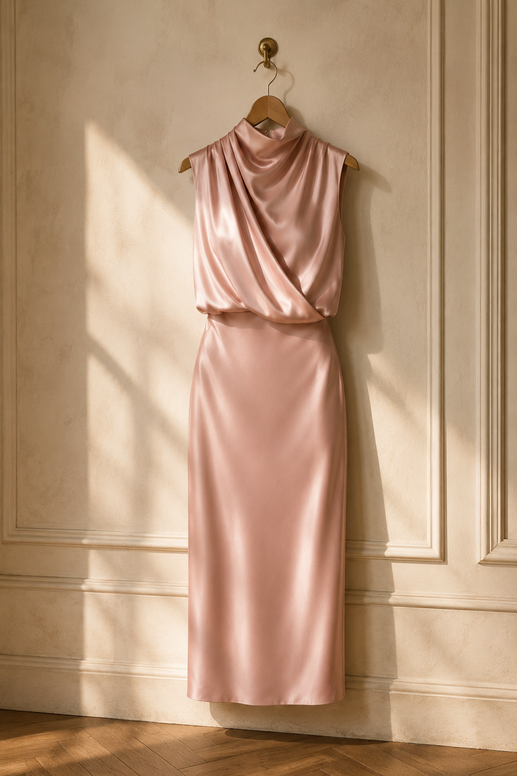 Blush pink silk column midi dress, hanging on wooden hanger against plaster wall