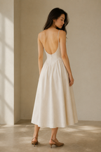 Ivory linen a-line midi dress, back view, deep scoop back and gathered waist