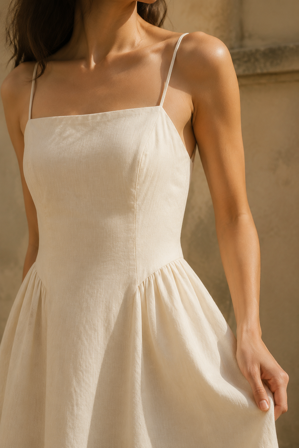 Ivory linen a-line midi dress, fabric detail, flax weave in raking light