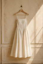 Ivory linen a-line midi dress, hanging on wooden hanger against plaster wall