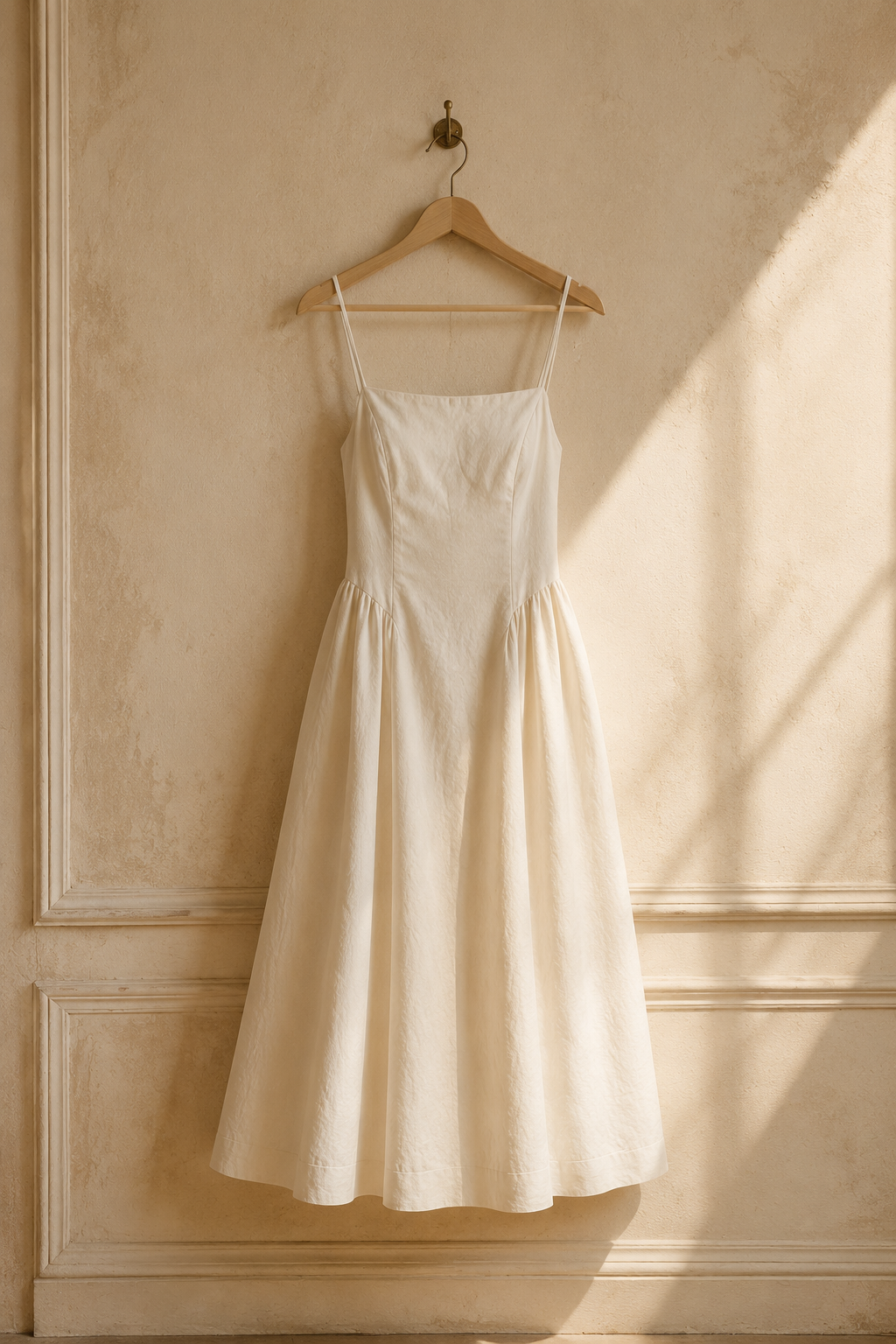 Ivory linen a-line midi dress, hanging on wooden hanger against plaster wall