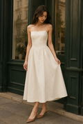 Ivory linen a-line midi dress, front view, deep scoop back and flowing skirt