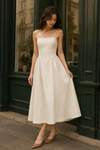 Ivory linen a-line midi dress, front view, deep scoop back and flowing skirt
