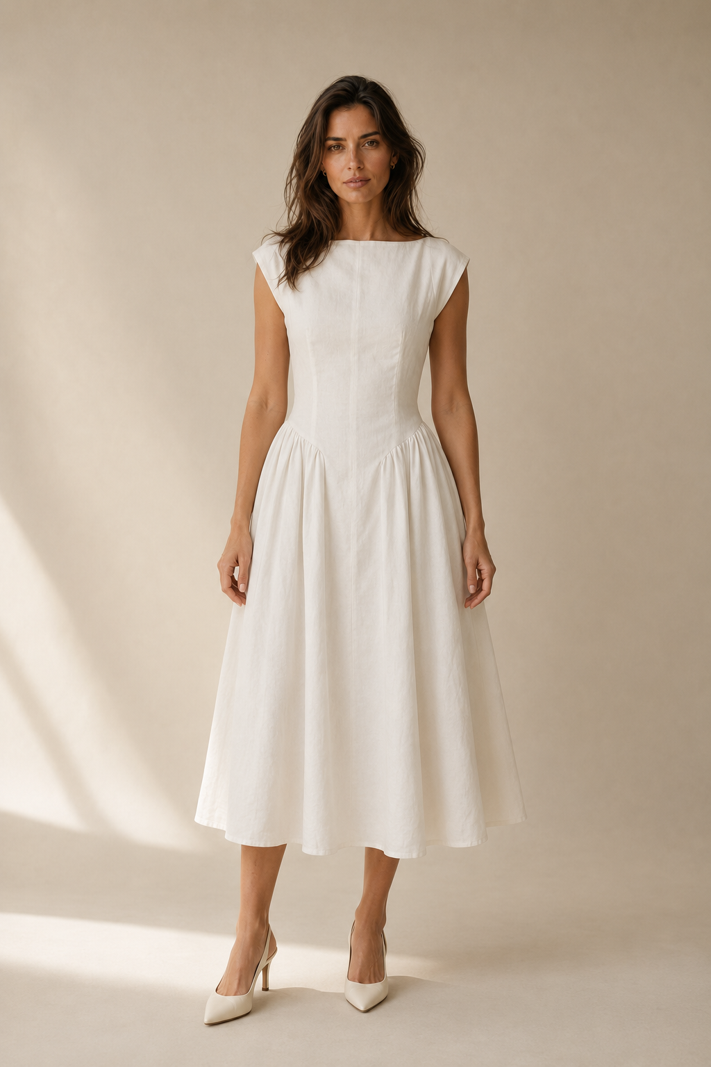 Ivory linen a-line midi dress, full front view, defined waist, gathered midi skirt