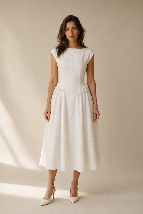 Ivory linen a-line midi dress, full front view, defined waist, gathered midi skirt