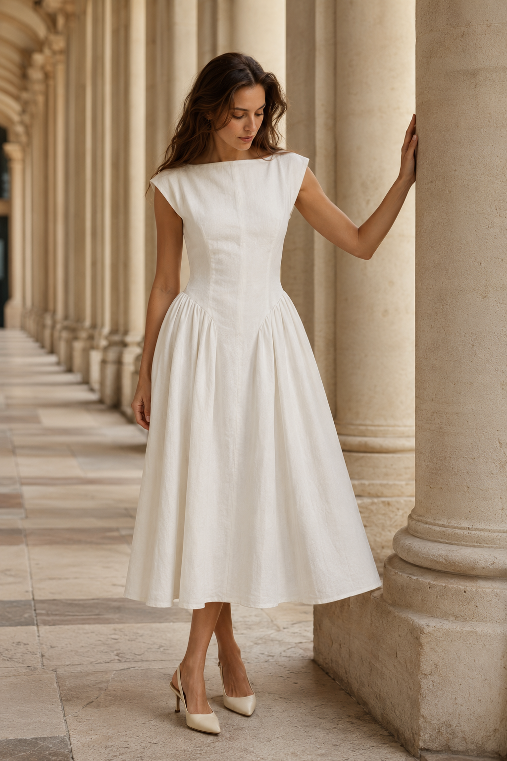 Ivory linen a-line midi dress, front view, boat neckline, fitted bodice, A-line skirt