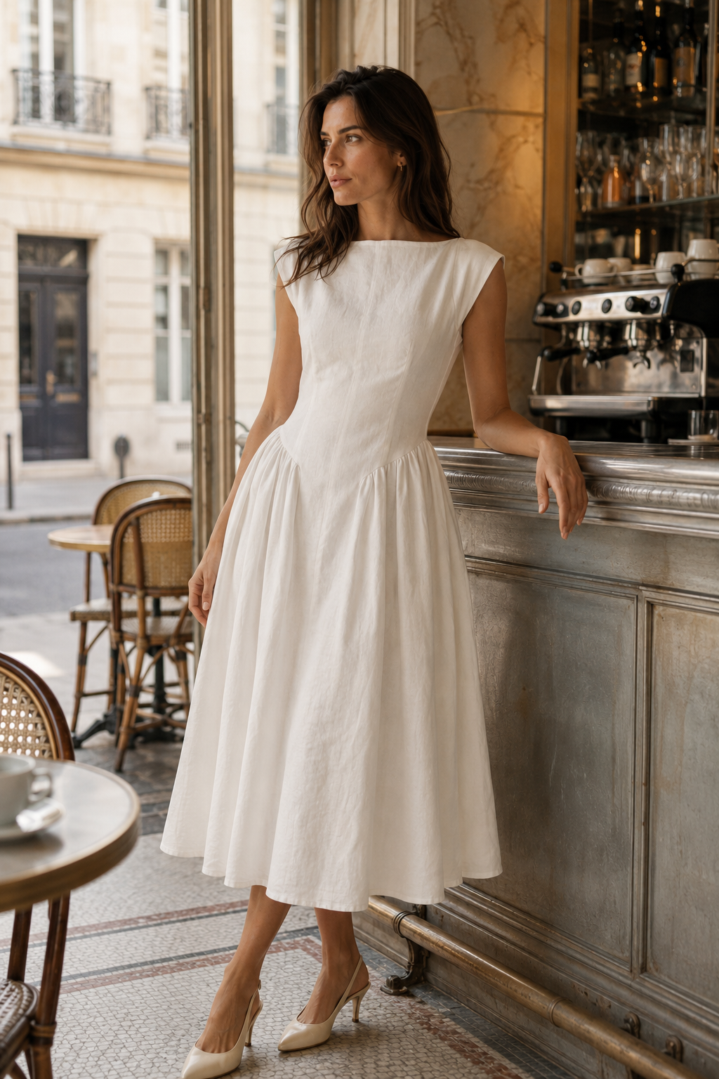 Ivory linen a-line midi dress, lifestyle, soft morning light, quiet moment