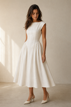 Ivory linen a-line midi dress, three-quarter view, skirt volume, linen texture