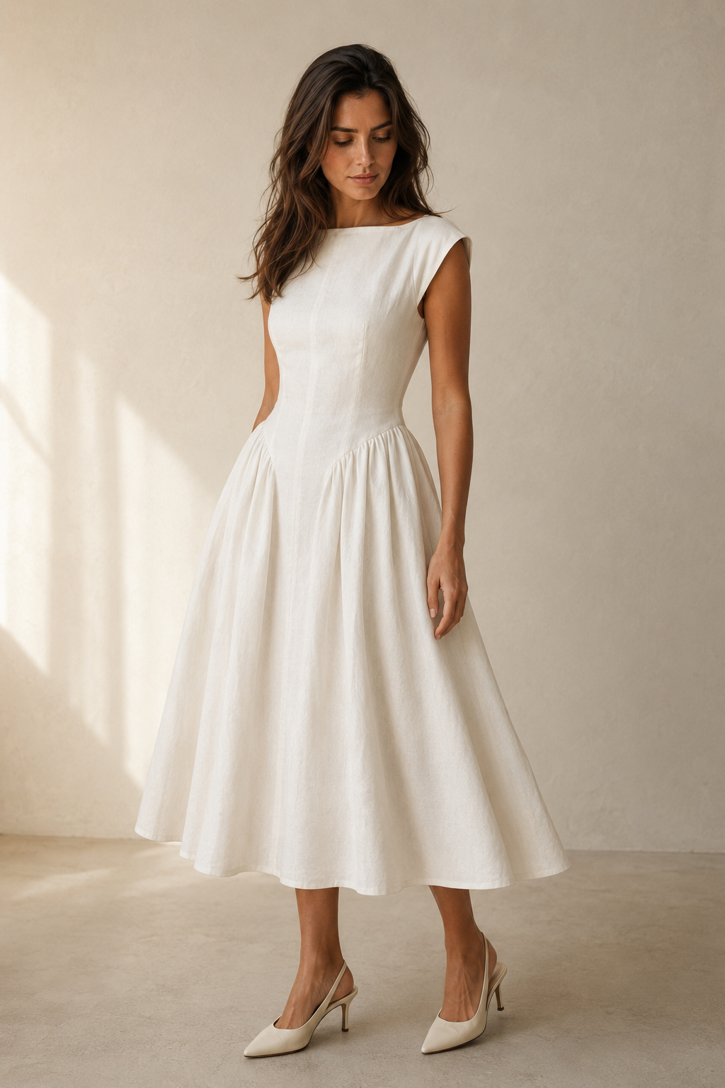 Ivory linen a-line midi dress, three-quarter view, skirt volume, linen texture