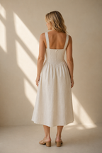 Ivory linen a-line midi dress, back view, smooth back and defined waist