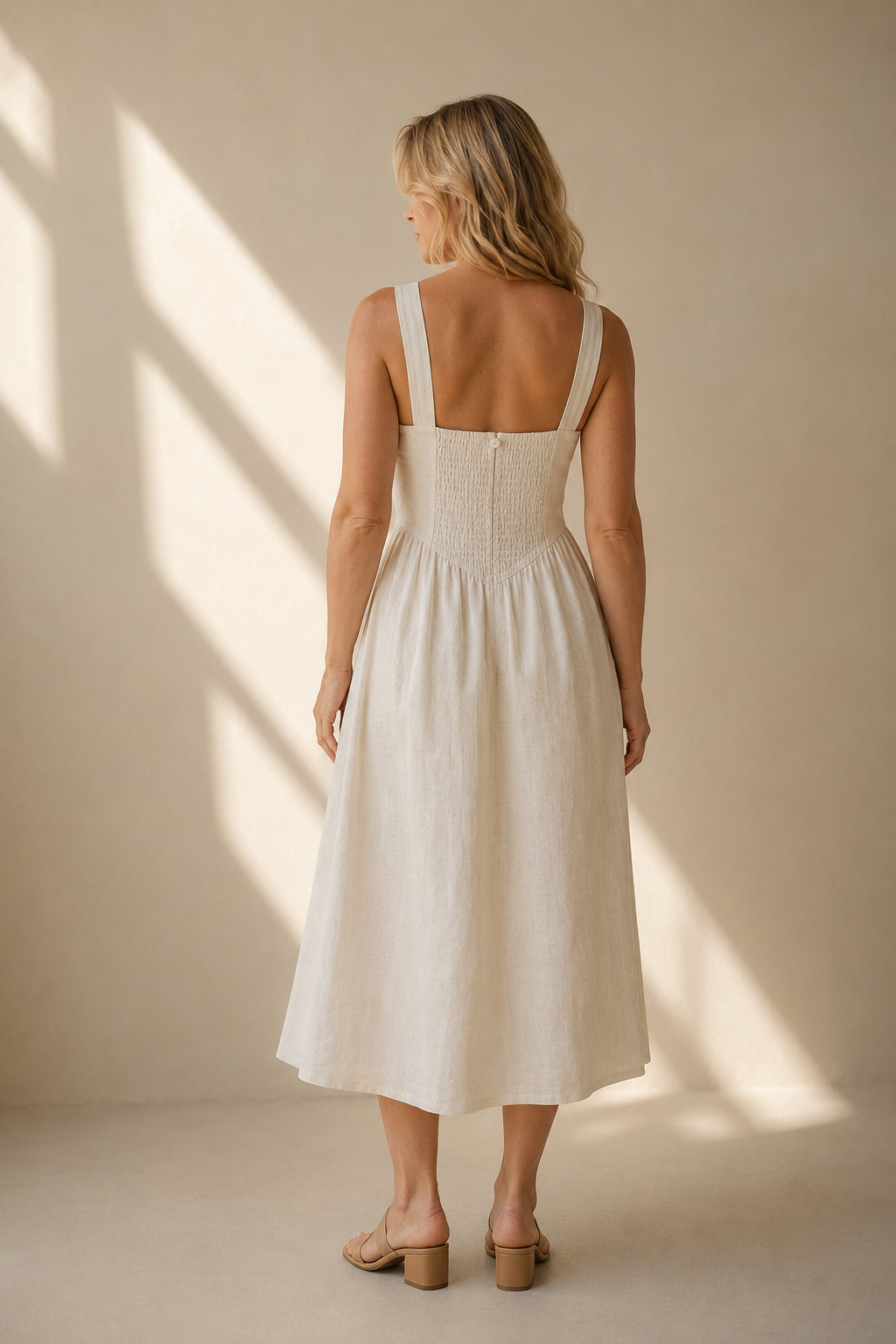 Ivory linen a-line midi dress, back view, smooth back and defined waist