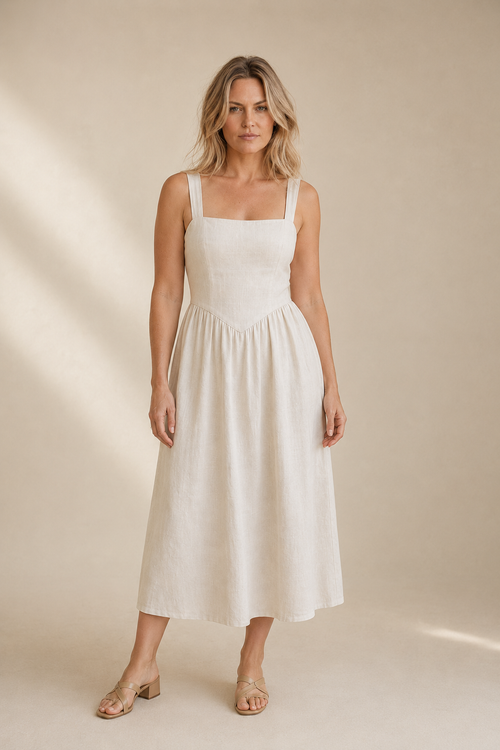 Ivory linen a-line midi dress, full front view, a-line skirt and wide straps