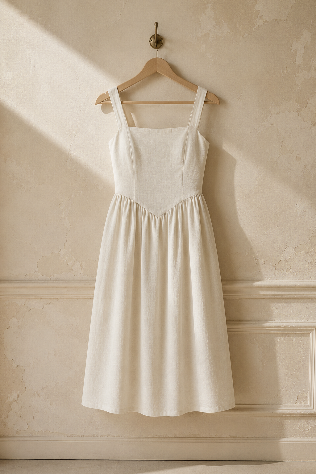 Ivory linen a-line midi dress, hanging on wooden hanger against plaster wall