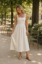 Ivory linen a-line midi dress, front view, square neckline and gathered waist