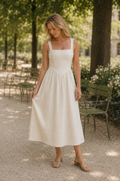 Ivory linen a-line midi dress, front view, square neckline and gathered waist