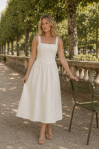 Ivory linen a-line midi dress, lifestyle, sunlit room and casual ease