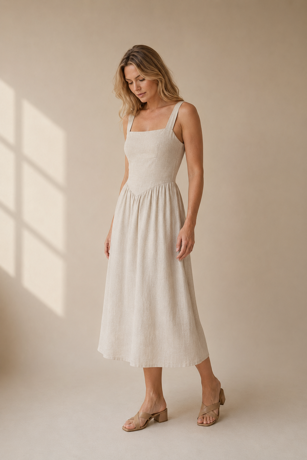Ivory linen a-line midi dress, three-quarter view, fitted bodice and flowing skirt