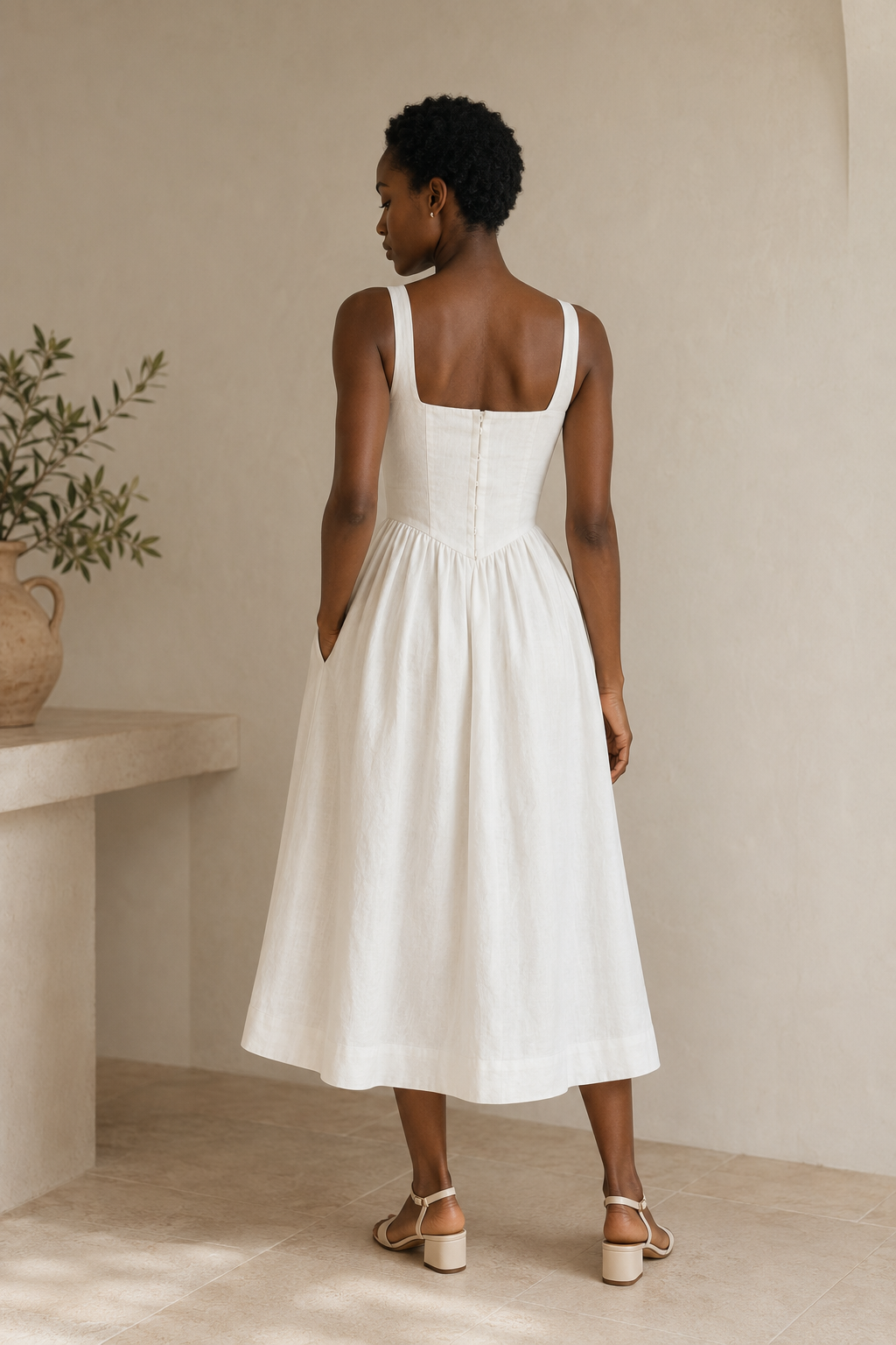 Ivory linen a-line midi dress, back view, smooth back and flowing skirt